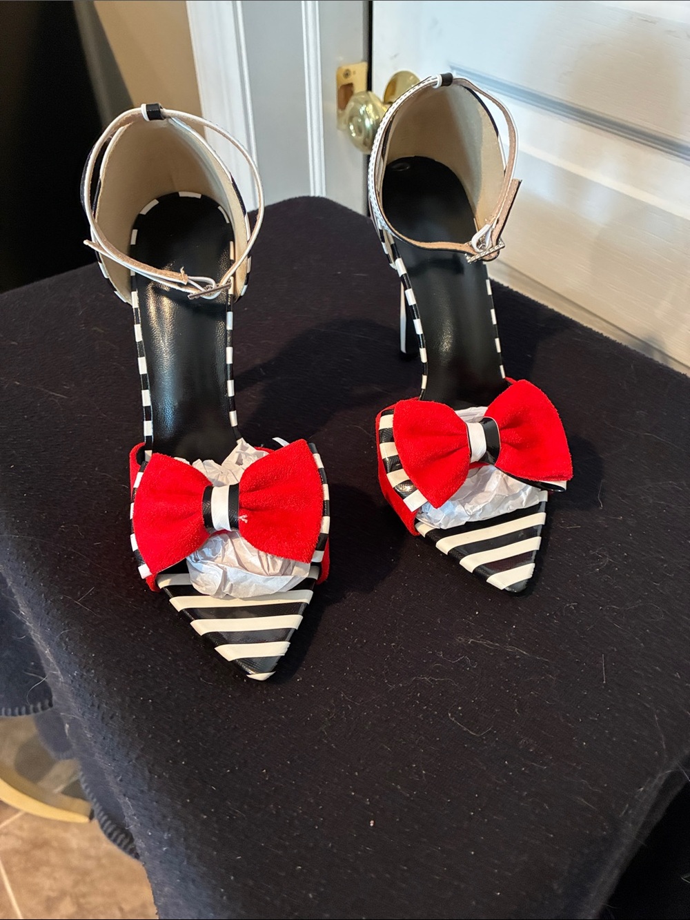 Striped Pointed-Toe Ankle-Strap Heels with Red Bow Accent